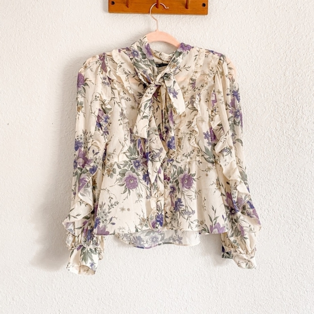 ZARA Cream Chiffon Ruffle Floral Blouse  - Medium